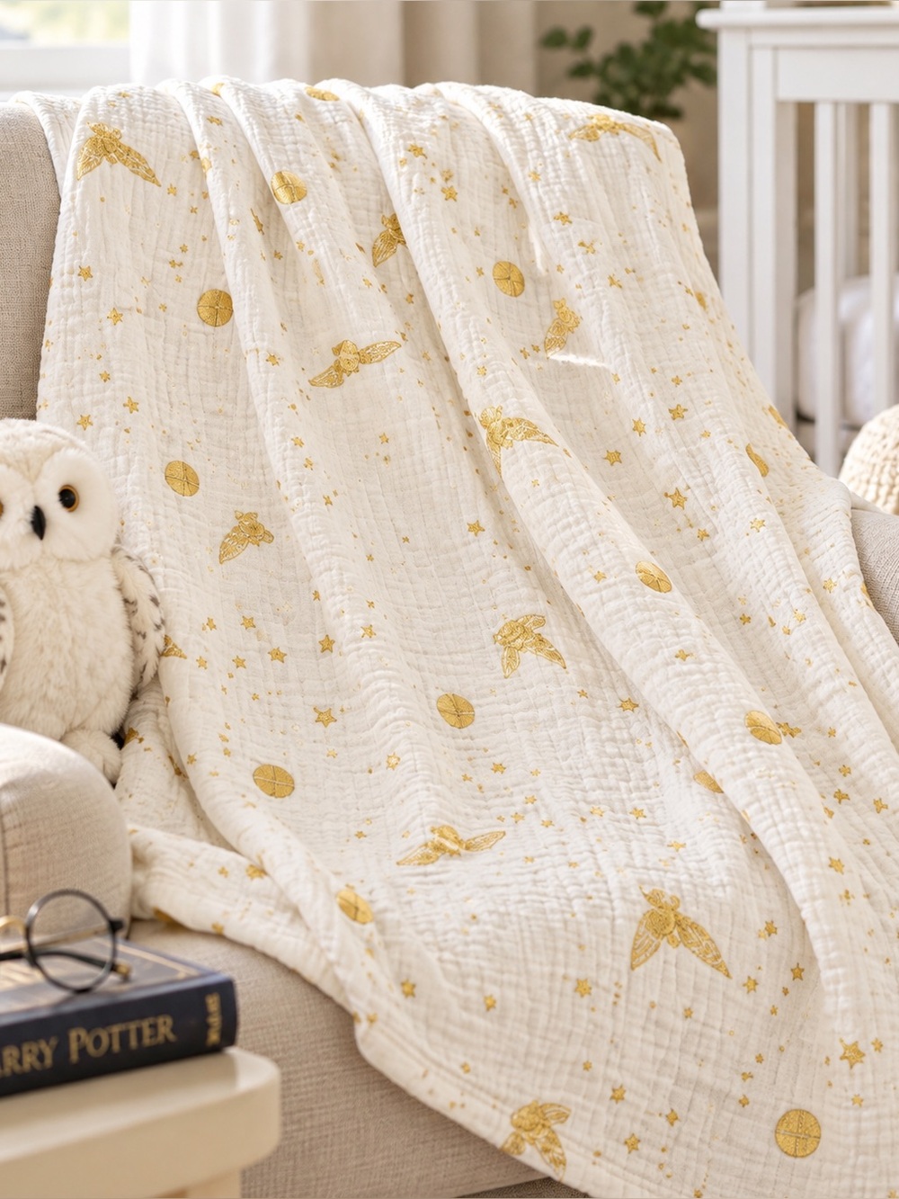 Pottery Barn Kids Harry Potter Golden Snitch Organic Muslin Blanket 47x47